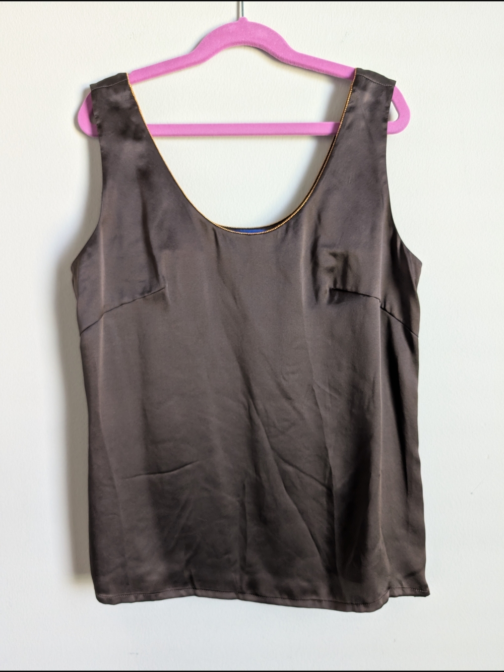 LiLiu Chocolate Brown 100% Silk Sleeveless Top-Gold Beaded Neckline Size S (4-6)